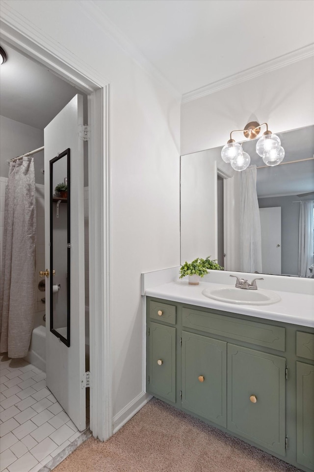 bathroom featuring crown molding, shower / bath combo, and vanity