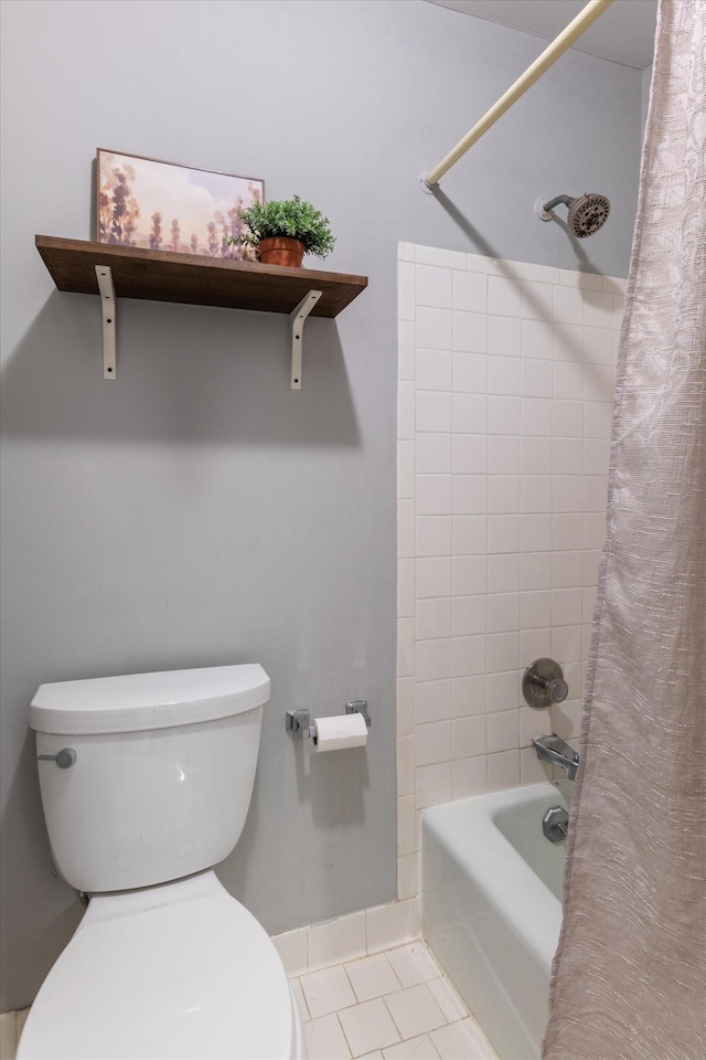 bathroom with shower / tub combo, tile patterned floors, and toilet