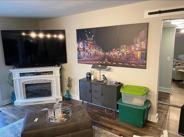 living room with a barn door, a premium fireplace, and dark hardwood / wood-style floors