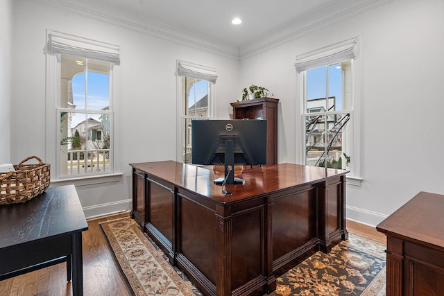 office space with crown molding and dark wood-type flooring