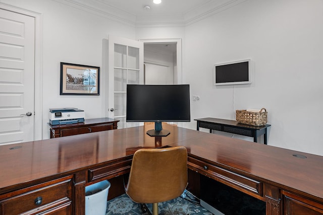 office space with ornamental molding