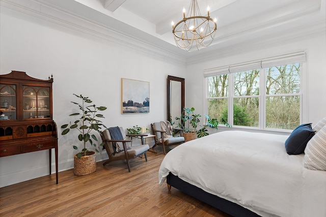 bedroom featuring wood-type flooring, a notable chandelier, and beam ceiling