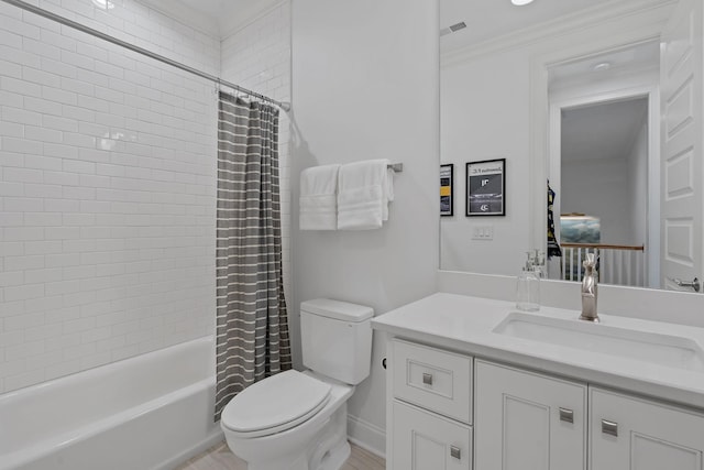 full bathroom with vanity, crown molding, shower / bath combination with curtain, and toilet