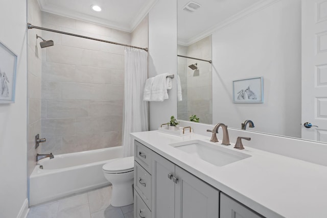 full bathroom featuring tile patterned floors, toilet, shower / tub combo, ornamental molding, and vanity