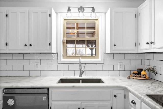 kitchen featuring sink, backsplash, white cabinets, and dishwasher