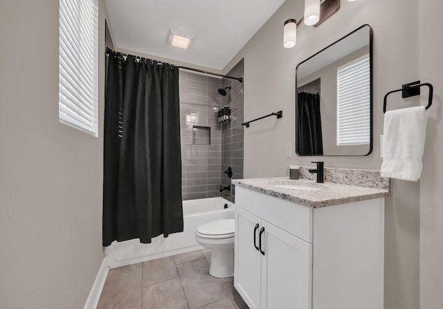 full bathroom with shower / tub combo with curtain, vanity, toilet, and tile patterned flooring