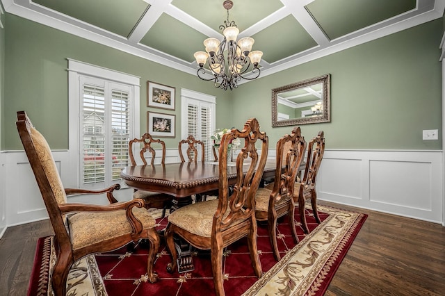 dining room featuring coffered ceiling, dark wood-type flooring, and a notable chandelier