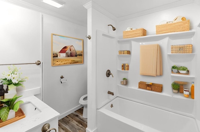 full bathroom featuring shower / washtub combination, wood-type flooring, vanity, toilet, and crown molding