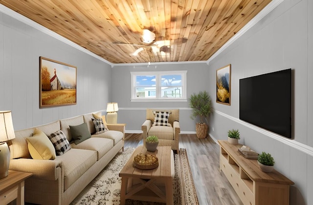 living room with wood ceiling, ornamental molding, and light wood-type flooring