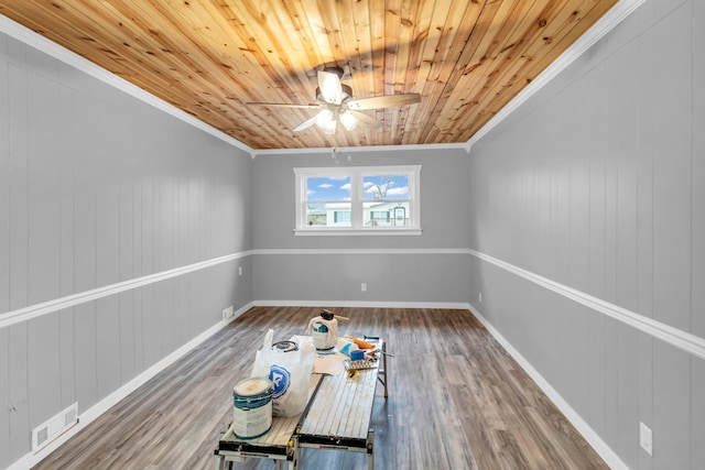 unfurnished room featuring crown molding, ceiling fan, wood-type flooring, and wooden ceiling