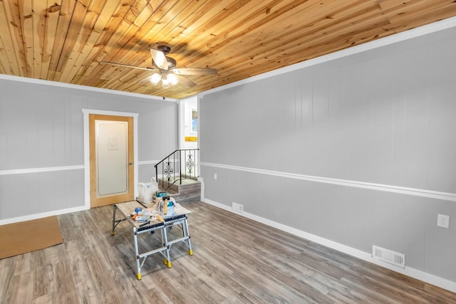 living area featuring hardwood / wood-style flooring, ceiling fan, and wood ceiling