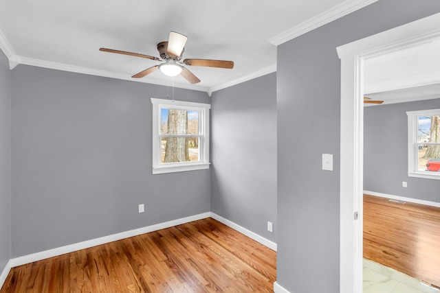 empty room featuring crown molding, ceiling fan, and light wood-type flooring