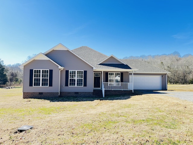 ranch-style house with a garage, a porch, and a front yard