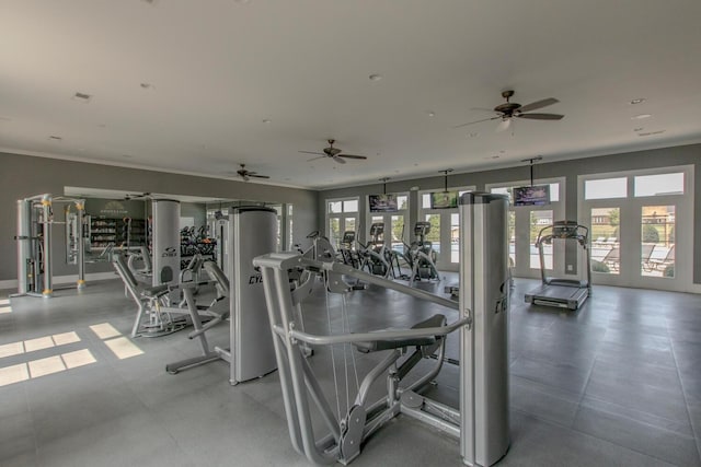 gym with french doors