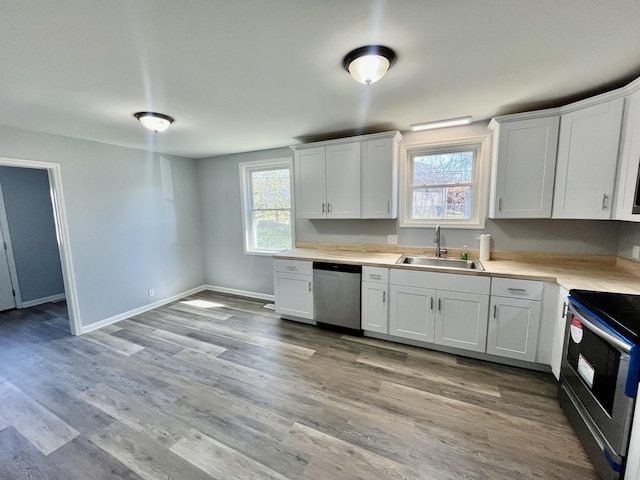 kitchen with appliances with stainless steel finishes, a healthy amount of sunlight, a sink, and light wood finished floors