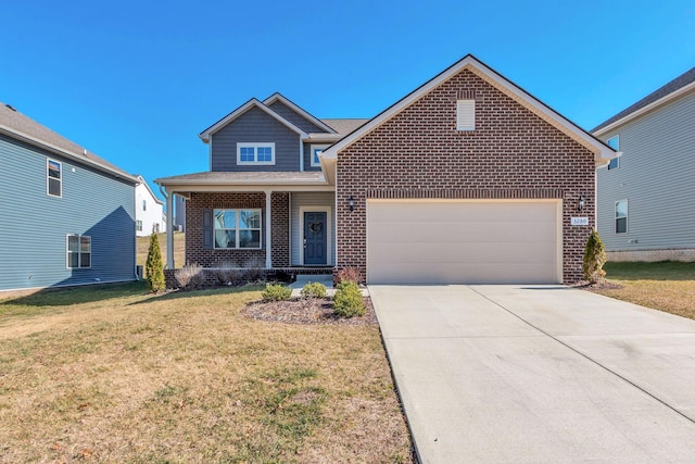 view of front of property with a porch, a garage, and a front lawn