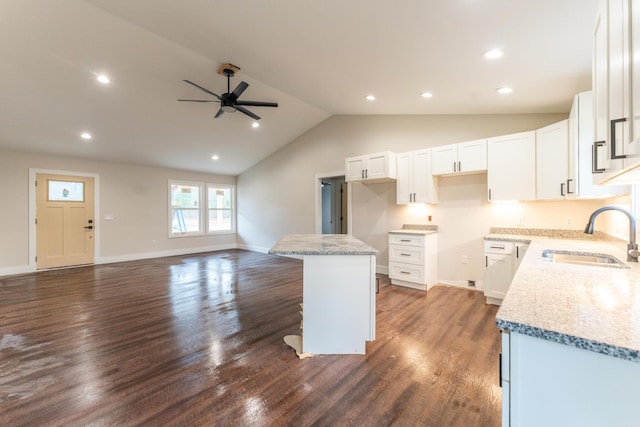 kitchen featuring a kitchen island, white cabinetry, sink, light stone countertops, and dark wood-type flooring