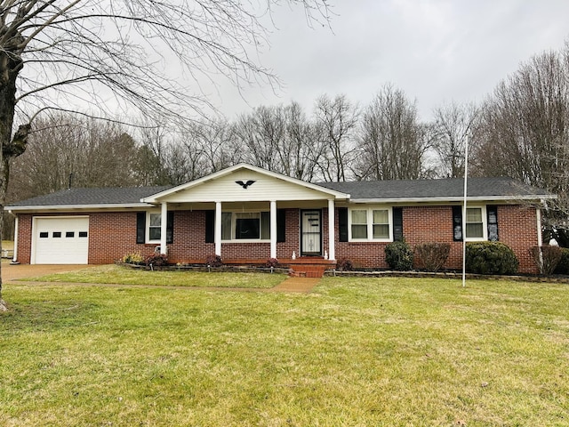 ranch-style home with a porch, a garage, and a front yard