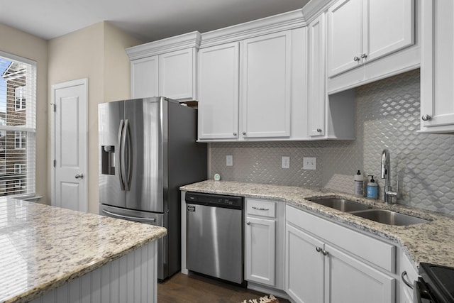 kitchen featuring appliances with stainless steel finishes, sink, decorative backsplash, and white cabinets