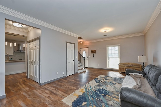 living room featuring dark wood-type flooring and ornamental molding