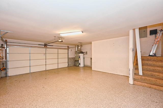 garage featuring a garage door opener, electric panel, and electric water heater