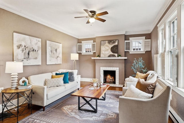 living room featuring ornamental molding, a healthy amount of sunlight, dark hardwood / wood-style floors, and a fireplace