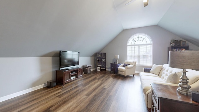 living room with lofted ceiling and dark wood-type flooring