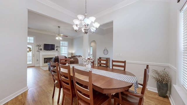 dining room with ornamental molding, ceiling fan, and light wood-type flooring