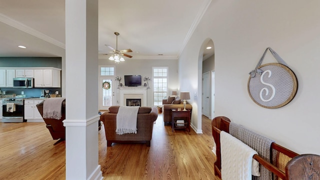 living room featuring light hardwood / wood-style flooring, ornamental molding, decorative columns, and ceiling fan