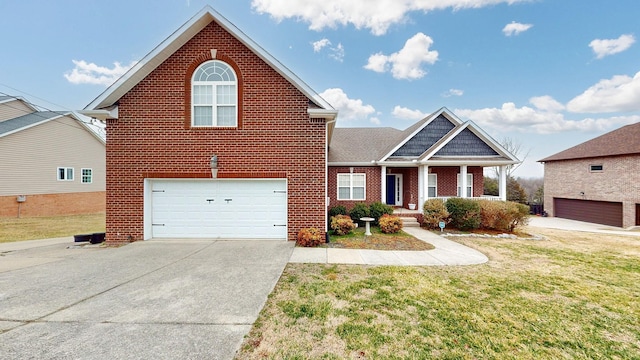 view of front of property featuring a garage, covered porch, and a front lawn