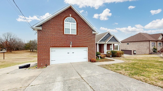 front facade with a garage and a front lawn