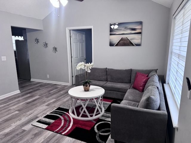 living room with lofted ceiling, hardwood / wood-style floors, and ceiling fan