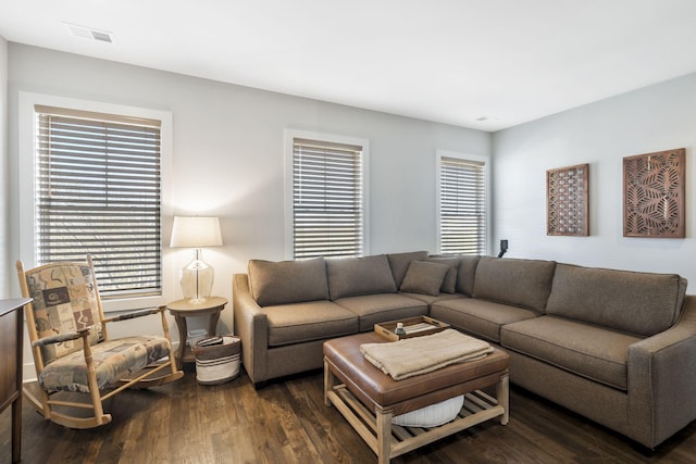 living room with dark wood-type flooring