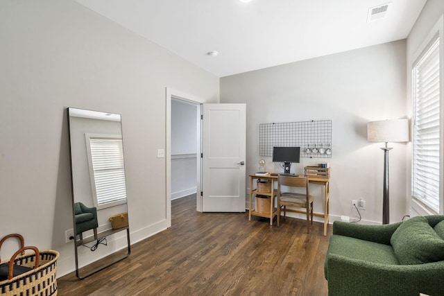 office space featuring dark wood-type flooring