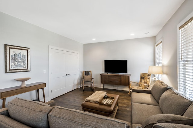 living room with dark hardwood / wood-style flooring