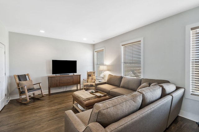 living room with a healthy amount of sunlight and dark hardwood / wood-style flooring