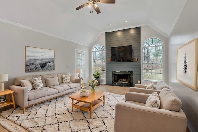 living room with lofted ceiling, ornamental molding, and a large fireplace