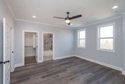 unfurnished bedroom featuring a spacious closet, ornamental molding, dark hardwood / wood-style flooring, a closet, and ceiling fan