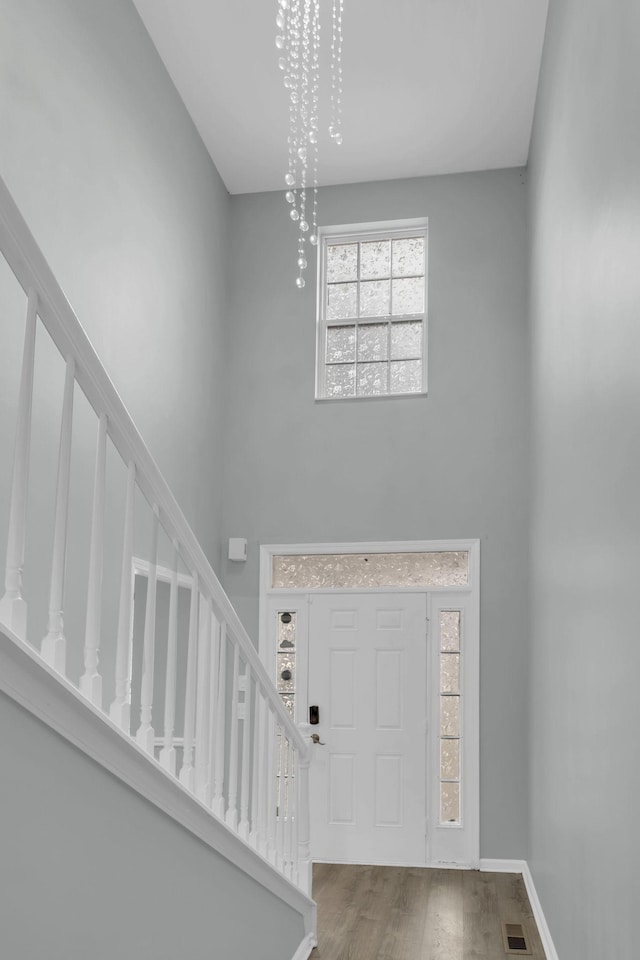 foyer entrance featuring hardwood / wood-style flooring, a healthy amount of sunlight, and a towering ceiling