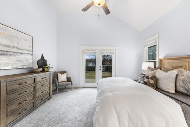 carpeted bedroom featuring french doors, ceiling fan, high vaulted ceiling, and access to outside