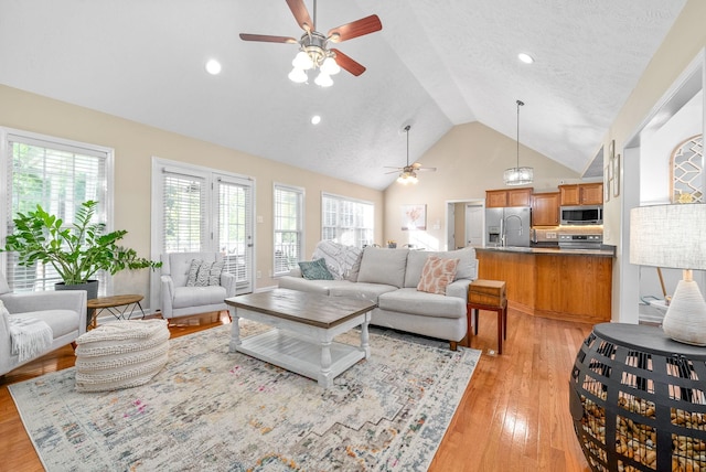 living room with vaulted ceiling, plenty of natural light, ceiling fan, and light hardwood / wood-style flooring