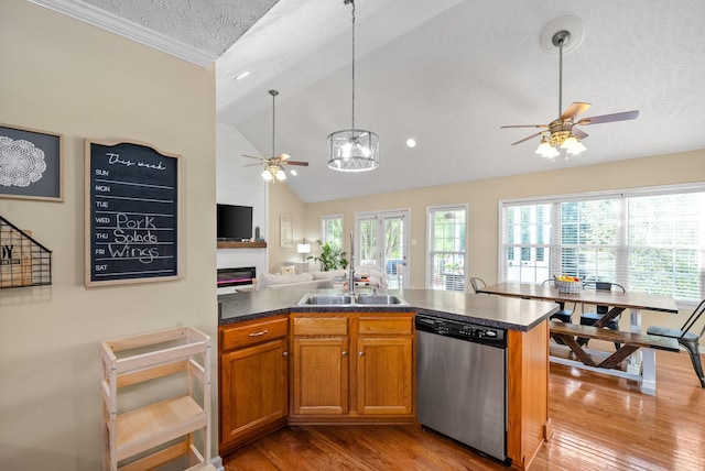 kitchen featuring stainless steel dishwasher, a healthy amount of sunlight, a kitchen island with sink, and sink