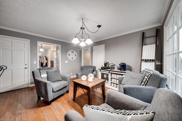 living room featuring wood-type flooring, ornamental molding, a notable chandelier, and a textured ceiling