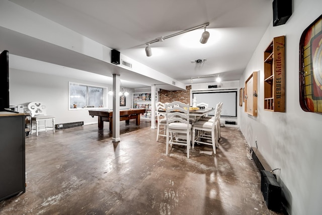 dining room with track lighting and billiards