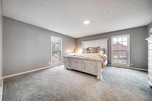 carpeted bedroom with multiple windows and a textured ceiling