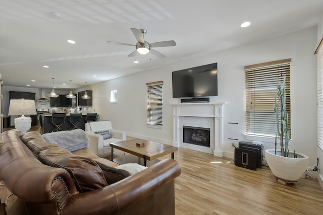 living room with ceiling fan and light hardwood / wood-style floors