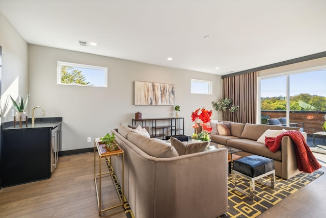 living room with sink, a wealth of natural light, and light wood-type flooring