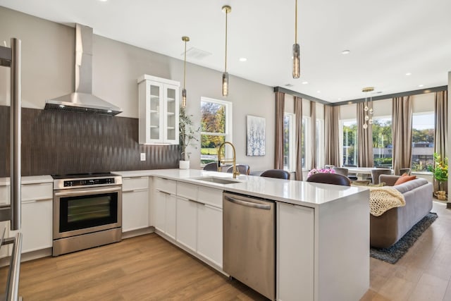 kitchen featuring white cabinetry, appliances with stainless steel finishes, sink, and wall chimney range hood