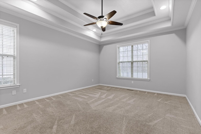 spare room featuring crown molding, ceiling fan, a tray ceiling, and carpet floors