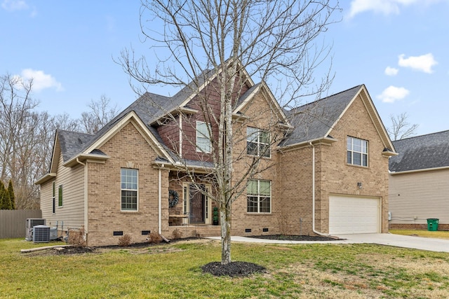 craftsman inspired home with cooling unit, a garage, and a front yard